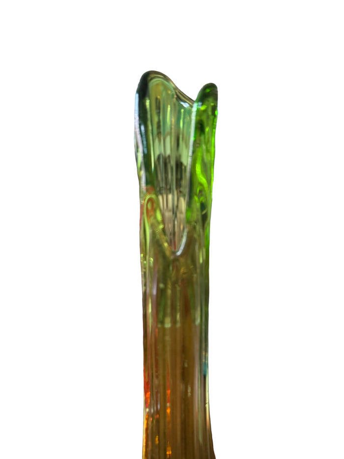 Vintage MCM  LE Smith  15.5" Swung Glass Green Ribbed  Pedestal Vase
