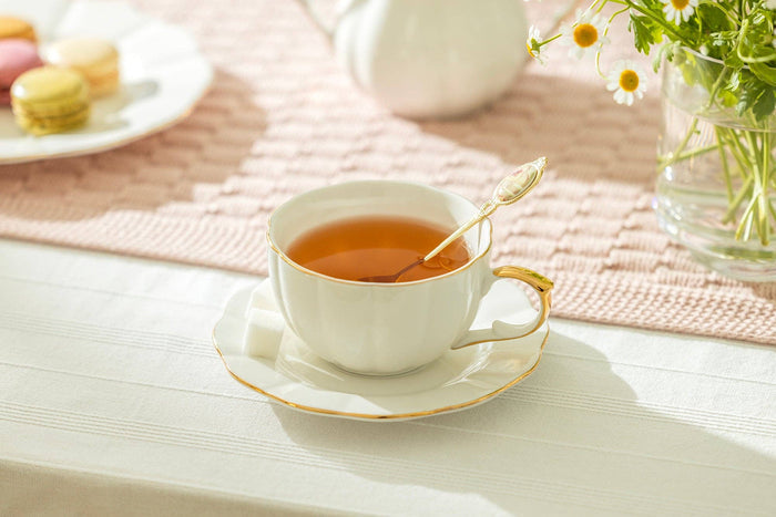 White Gold Scallop Fine Porcelain Tea Latte Cup & Saucer