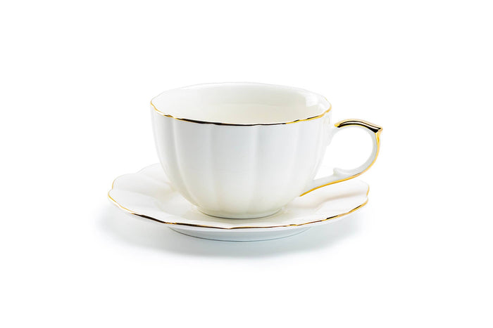 White Gold Scallop Fine Porcelain Tea Latte Cup & Saucer