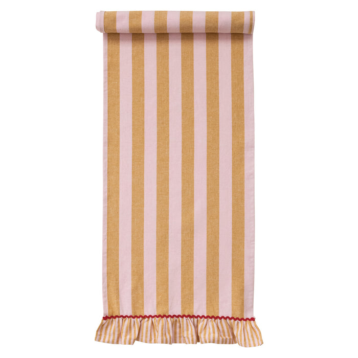 Woven Cotton Striped Table Runner w/ Ruffle & Ric Rac Trim
