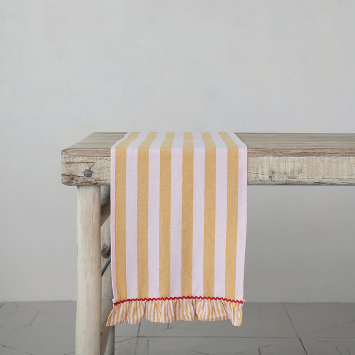 Woven Cotton Striped Table Runner w/ Ruffle & Ric Rac Trim