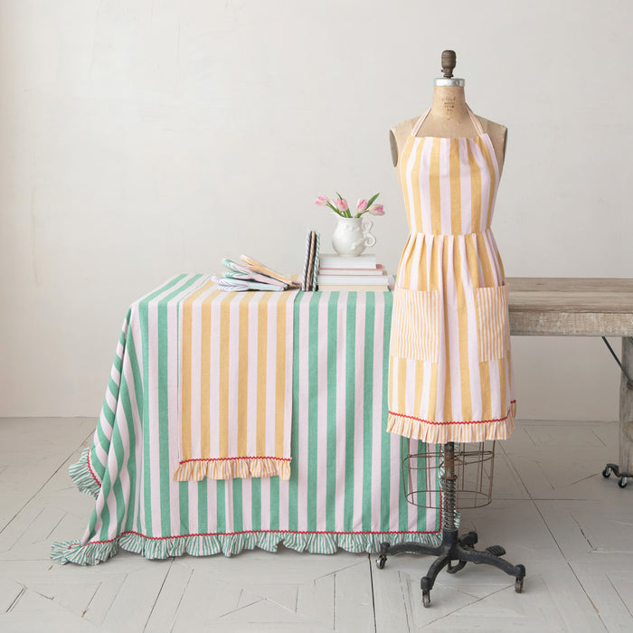 Woven Cotton Striped Table Runner w/ Ruffle & Ric Rac Trim