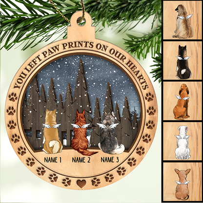 You Left Paw Prints On Our Hearts Memorial Ball Shaped Wooden Ornament - Personalized Angel Dog Christmas Ornament