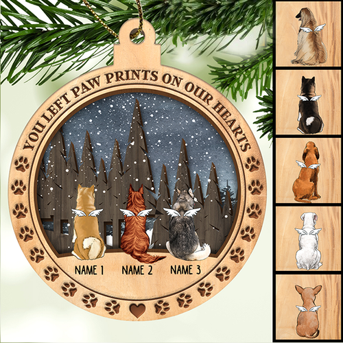 You Left Paw Prints On Our Hearts Memorial Ball Shaped Wooden Ornament - Personalized Angel Dog Christmas Ornament