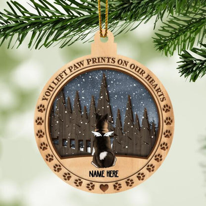You Left Paw Prints On Our Hearts Memorial Ball Shaped Wooden Ornament - Personalized Angel Dog Christmas Ornament